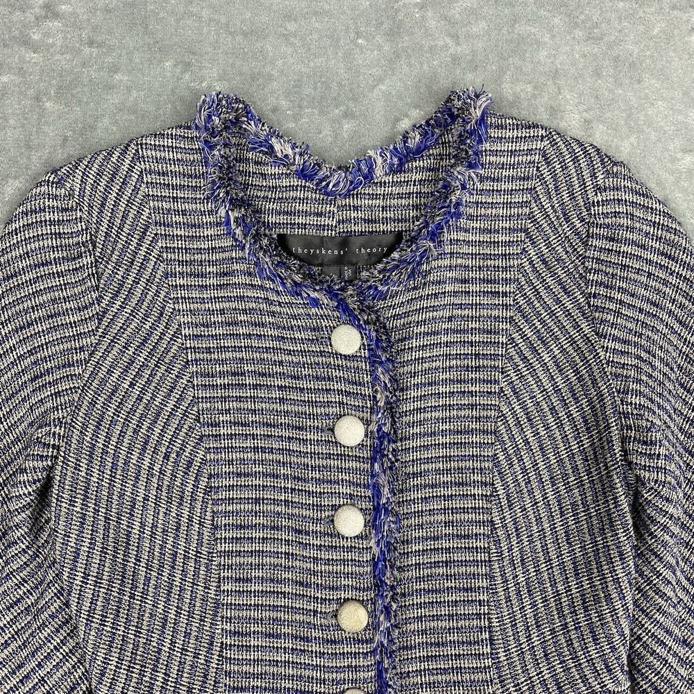 Theyskens' Theory Jacket Womens 4 Blue Jossak Tweed Button Fringe Metallic Lady - Picture 4 of 13